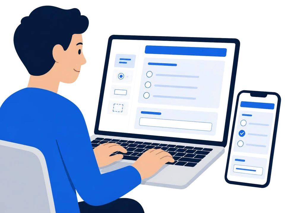 A person building a form on a laptop while a phone shows the filled-in form